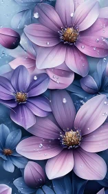 Purple and Blue Flowers with Dewdrops Create Serene, Dreamy Garden Scene