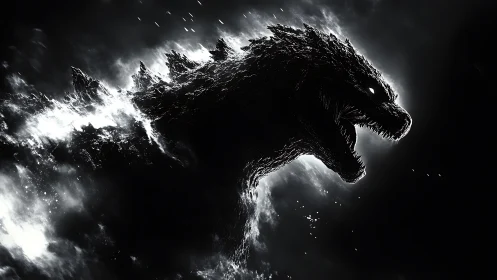 Silhouetted reptilian kaiju profile in monochrome contrast.