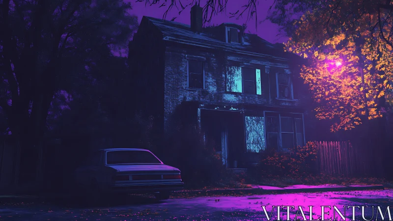 Abandoned brick house at night under neon magenta streetlight