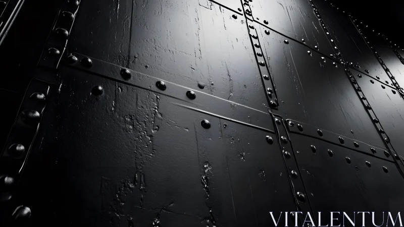 Industrial black metal wall with rivets, dramatic lighting, gritty texture.