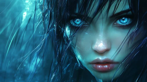Cyan-lit female portrait renders hyperreal wet-skin textures