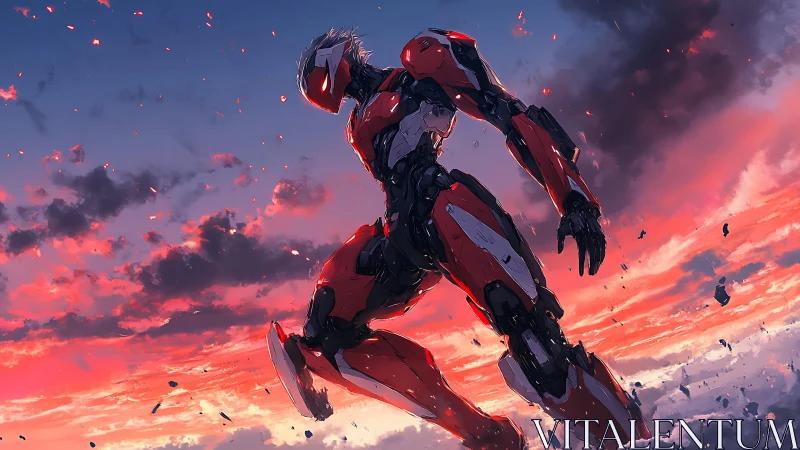 Sky-scorched mecha sentinel striding through ember clouds.