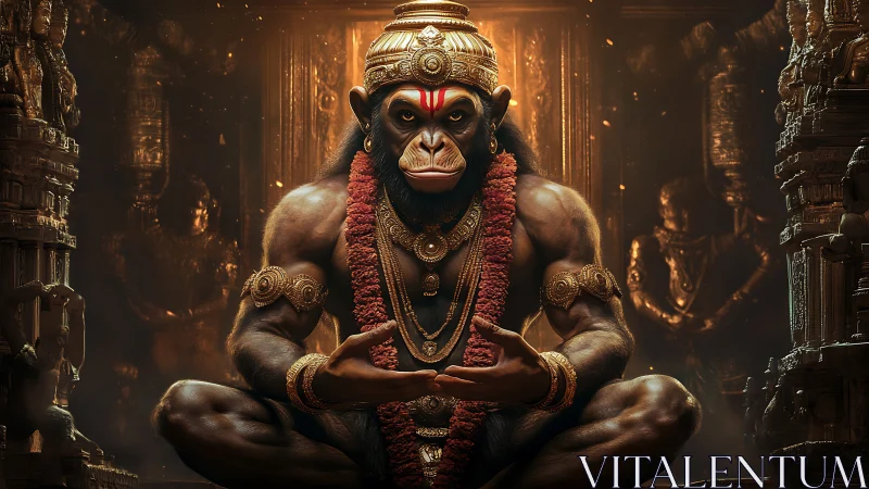 Simian deity figure seated in ornate temple interior.