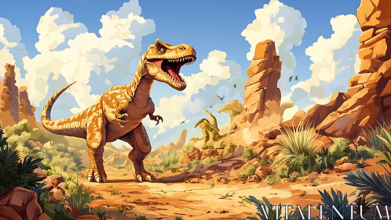 Sunny desert dinosaurs roaming under playful clouds.