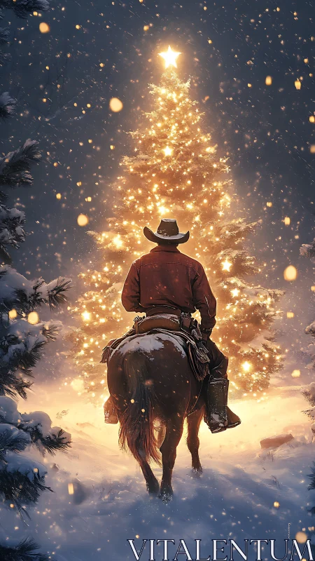 Digital painting of cowboy on horseback at glowing fir tree.