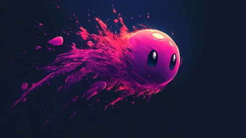 Pink spherical character moves through dispersed liquid trail