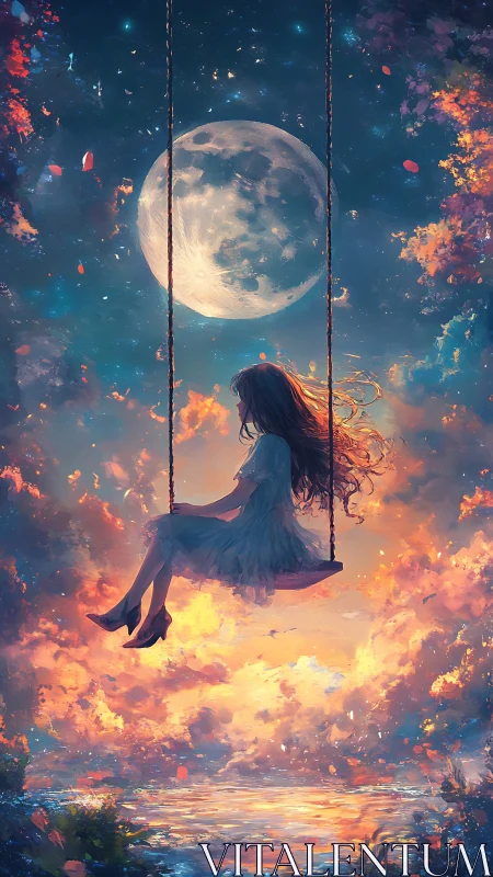 Silhouette of seated figure on swing below large full moon.