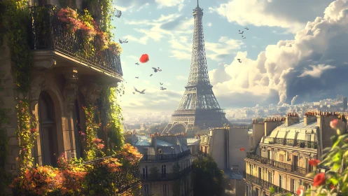 Sunlit Paris balcony vista with Eiffel Tower and ivy façades.