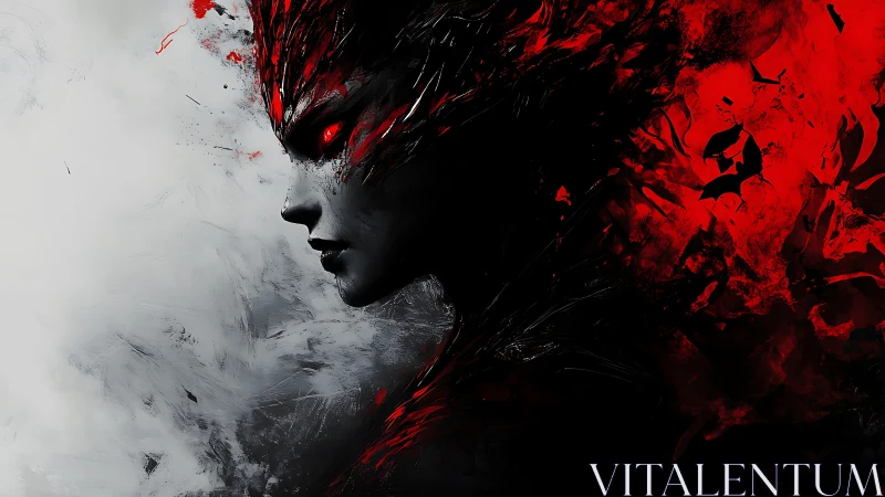 Profile view shows dark humanoid figure amid red abstraction