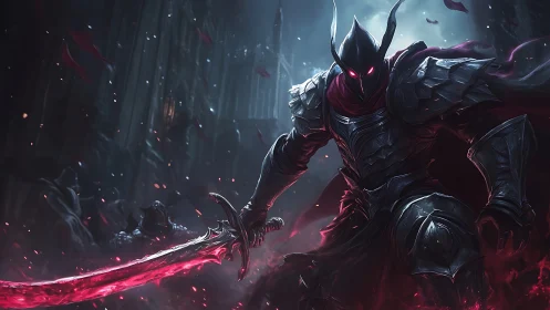 Armored dark knight advances with glowing red sword