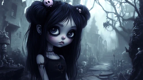 Gothic big eyed girl standing in eerie skull filled graveyard.