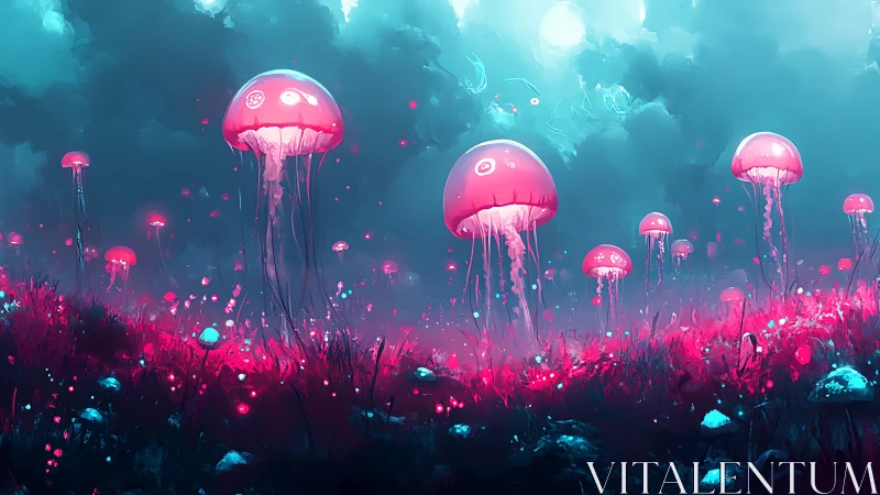 Neon jellyfish drift above glowing alien meadowscape.