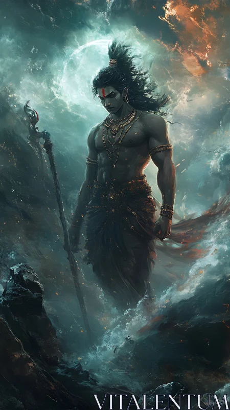 Mythic warrior figure in stormy moonlit fantasy scene.