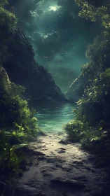 Moonlit tropical cove with rocky inlet and turquoise shallows