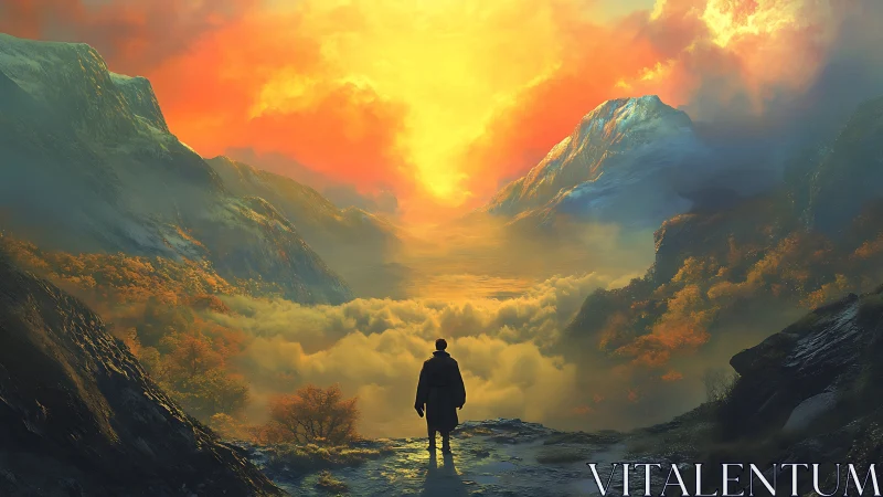 Wanderer gazes into blazing valley of clouds at sunrise