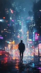 Lone drifter walks rainlit neon canyons of the sleepless city.