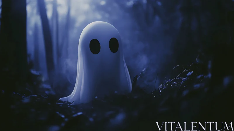Cartoon ghost figure in dim blue forest environment.