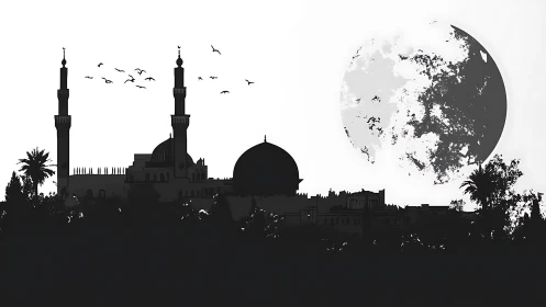 Moonlit city skyline with graceful minarets in silhouette.