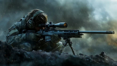 Tactical Sniper Positioned in Stormy Mountain Combat Zone
