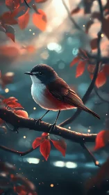 Gentle woodland songbird resting in a dreamy red glow.