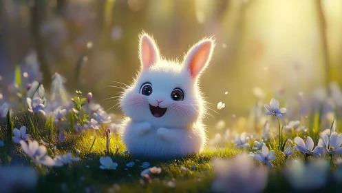Cute white bunny sitting in sunny flower meadow scene.