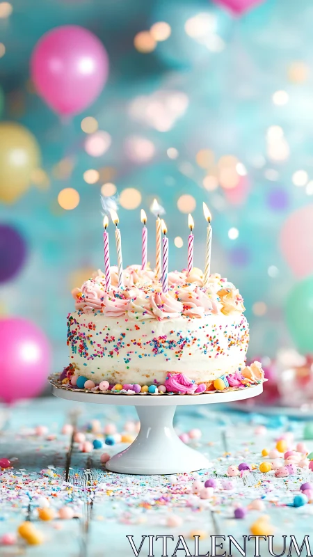 Birthday cake with lit candles on cake stand.