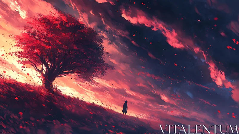 Lone figure under red tree at stormy sunset sky.