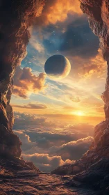 Cavern doorway opens onto twin skies of dawn and moonrise.