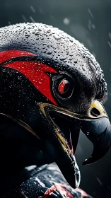 Predatory cyber-hawk glares through rain in razor focus