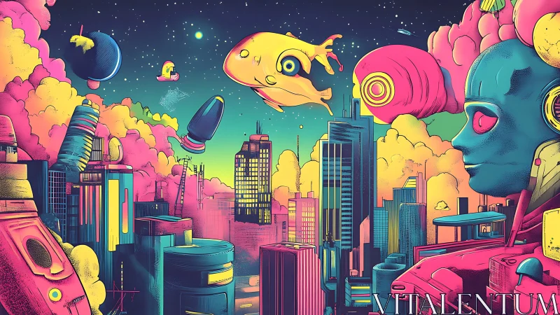 Neon alien metropolis under surreal cosmic skyscape.