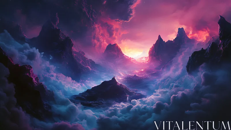 Radiant cosmic valley opens between nebula-lit alien peaks