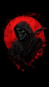 Hooded skeletal reaper silhouette against textured blood moon