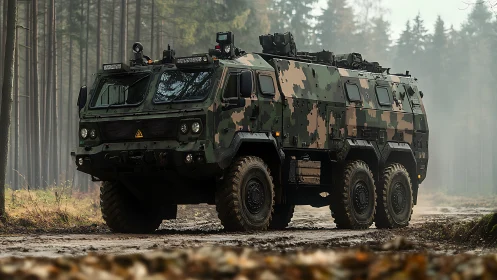 6x6 mine-resistant armored troop carrier in misty forest