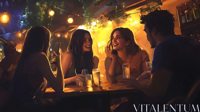 Friends Laughing at Cozy Bar Table, Warm Night Lighting, Digital Art.