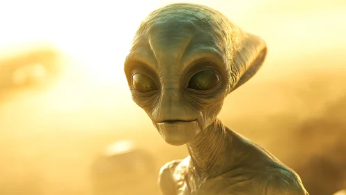 Photorealistic alien portrait in cinematic golden backlight.