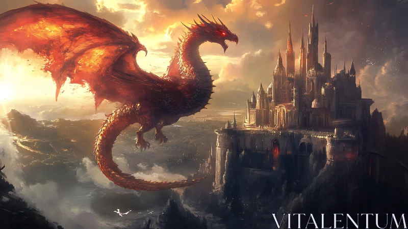 Red dragon hovers before fortified cliffside fantasy citadel