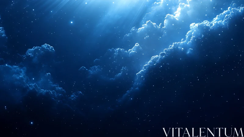 Deep blue night sky with glowing clouds and stars.