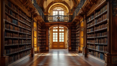 Sunlit grand library corridor where wooden shelves whisper tales.