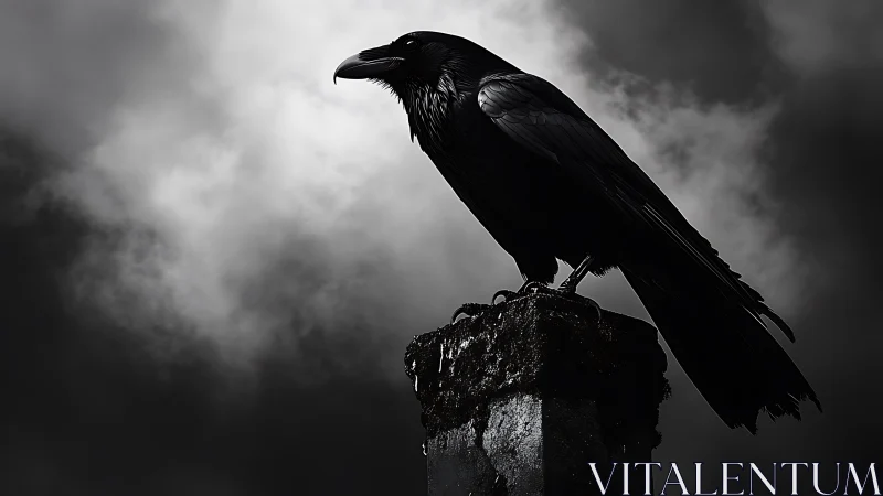 Moody raven rests on a weathered post beneath storm clouds