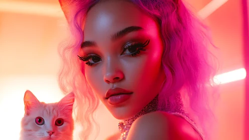 Neon-lit portrait of glam model with pastel cat companion.