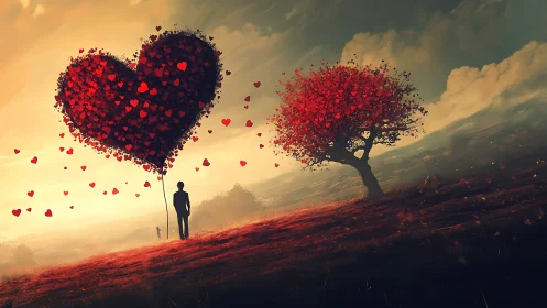 Digital Surrealism: Heart Balloon Silhouette Landscape.