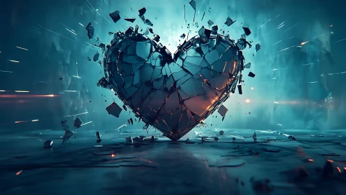 Fractured digital heart shatters amid cyan energy burst.