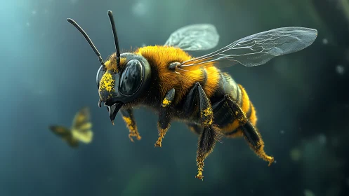 Hyperreal bee in flight glows against a teal hazy bokeh field
