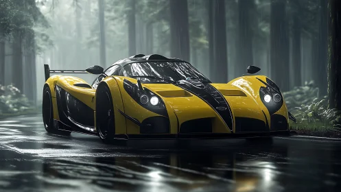 Yellow hypercar slicing through misty forest rainstorm.