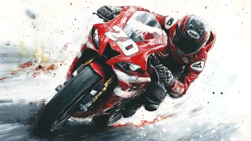 Motorcycle racer leans into high-speed corner on wet track