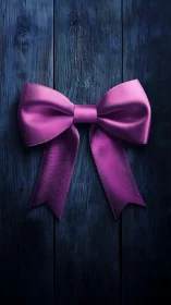 Pink Ribbon Bow on Dark Wood Background.