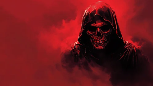 Crimson hooded reaper with skeletal grin in red fog field.