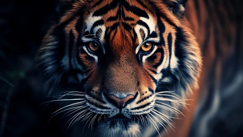 Majestic tiger stares through shadows with fierce golden focus