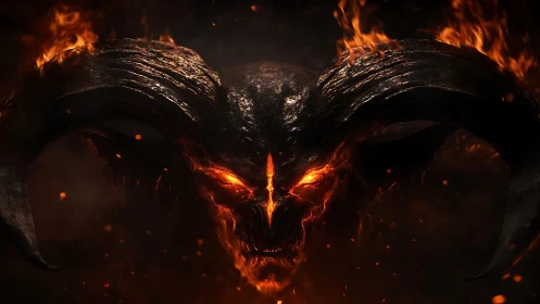Horned flaming skull emerges from dark background with embers