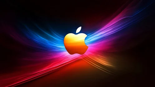 Luminous apple emblem surfing neon cosmic lightwaves.